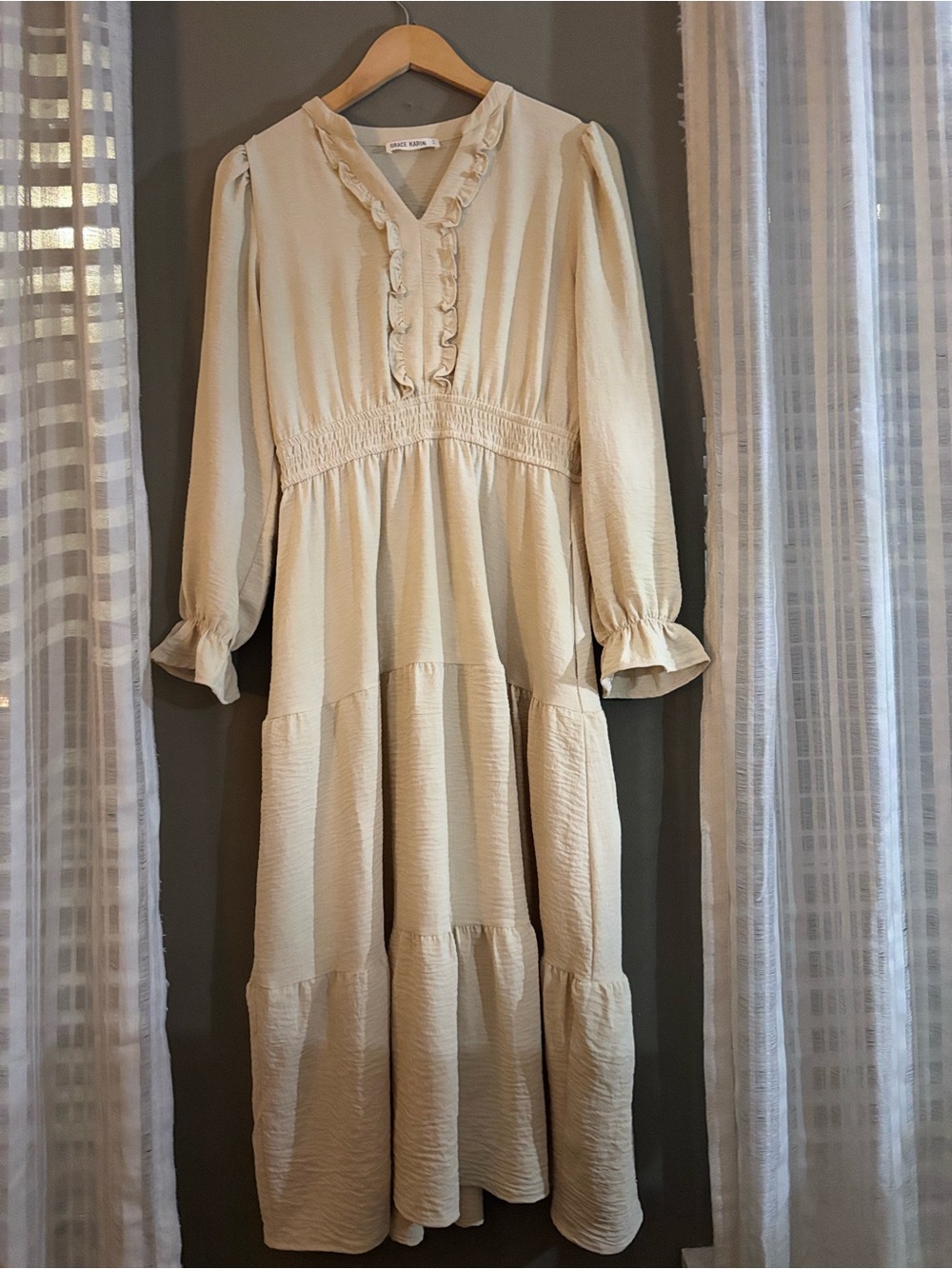 Grace Karin Cream Long Sleeve Tiered Midi Dress